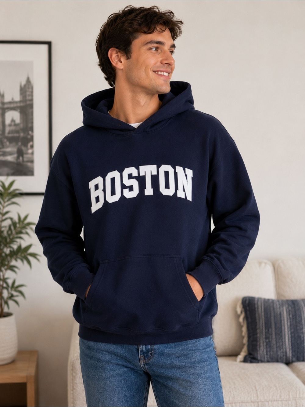 Boston Navy Blue Graphic Hoodie Sweatshirt | Size Small | Cozy Pullover